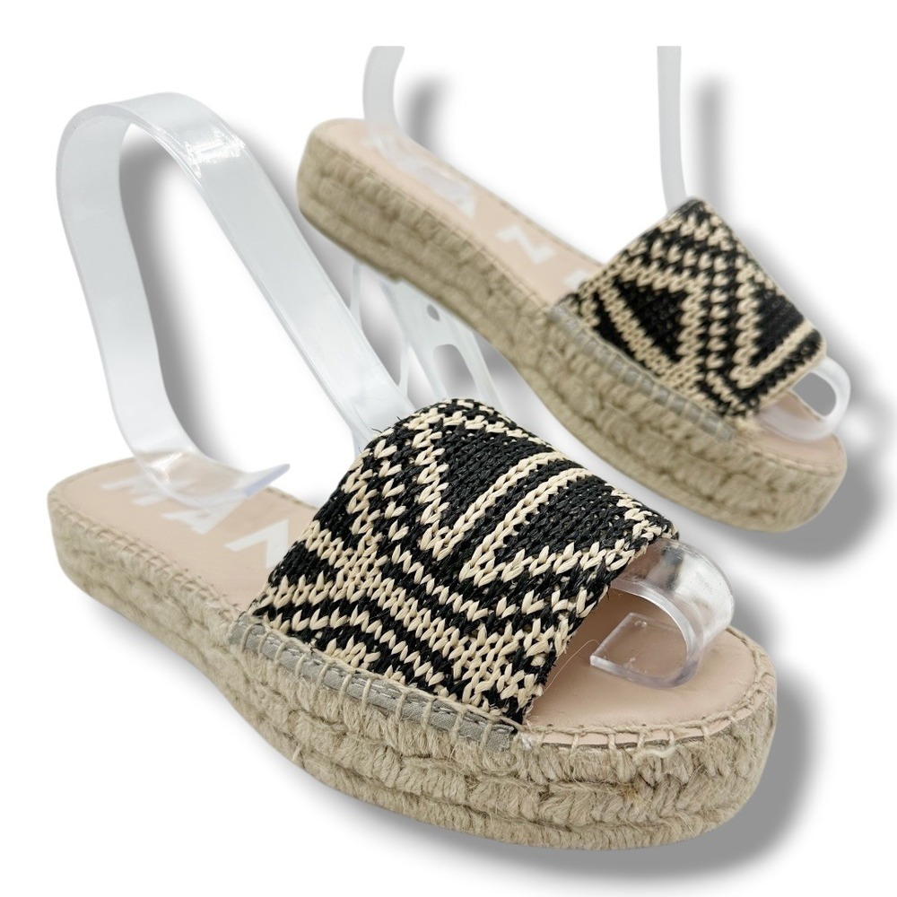 MANEBI Women Black White Woven Platform‎ Espadrille Slide Sandals Flats 6.5